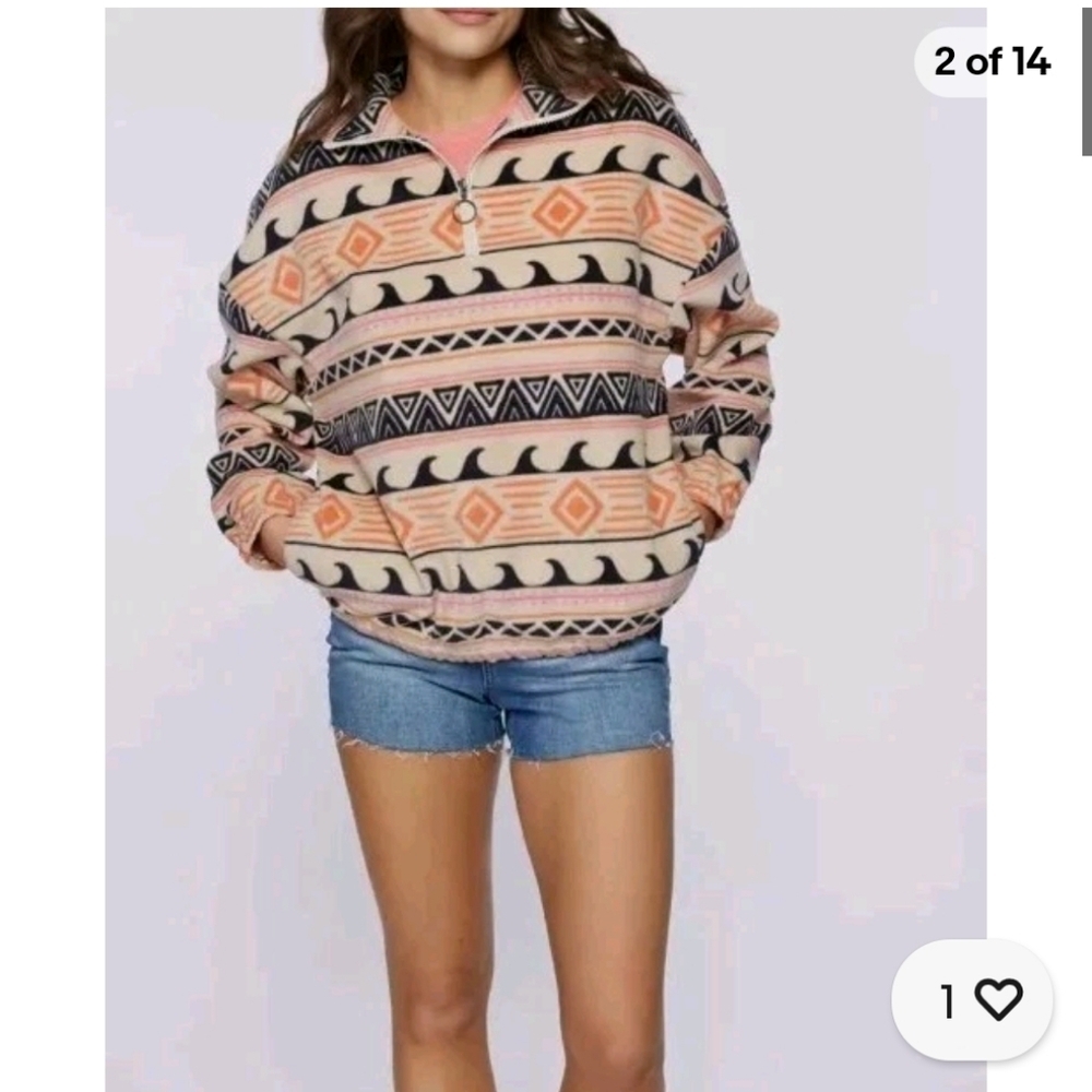 O'neill Women's L Sierra Fleece Hoodie Fair Isle Aztec 1/4 1/2 Zip with Pockets
